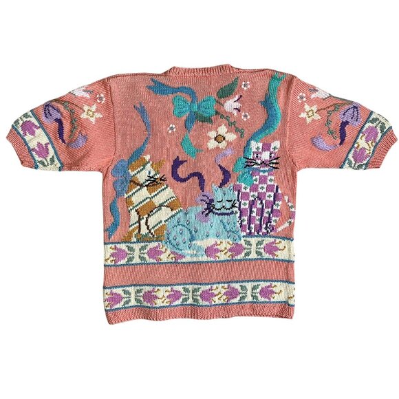 Berek 1989 Hand-Knit Cat Sweater Cardigan + Vintage Cat Brooch 100% Pima Cotton - Picture 8 of 13